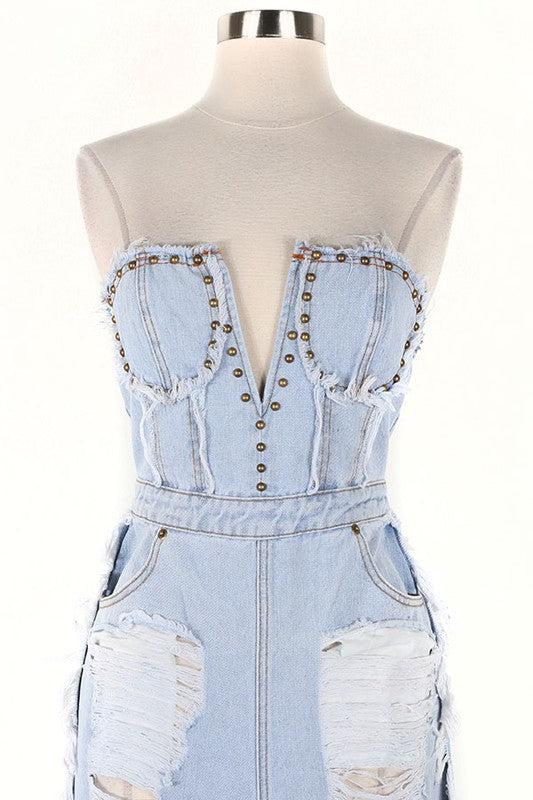 Metal Stud Distressed Denim Jumpsuit