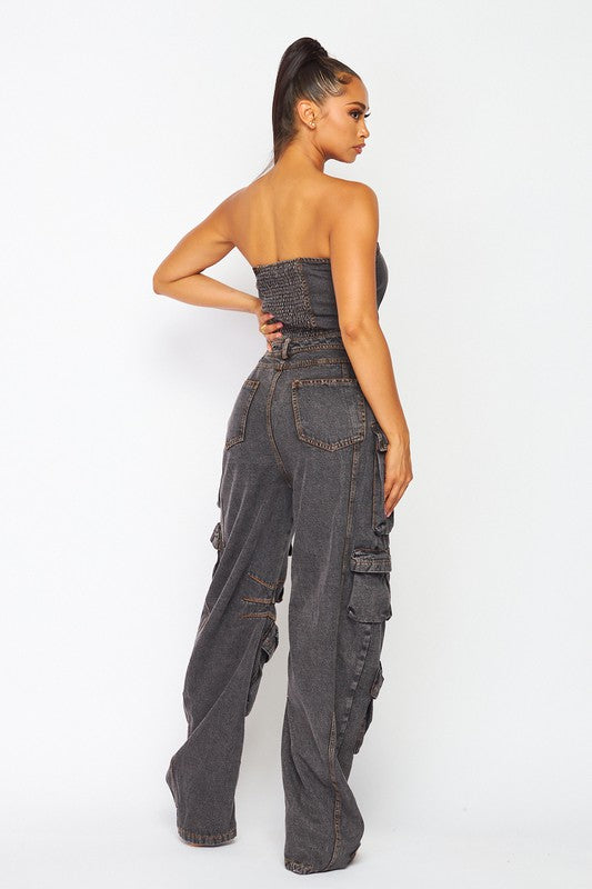 Strapless Denim Cargo Jumpsuit