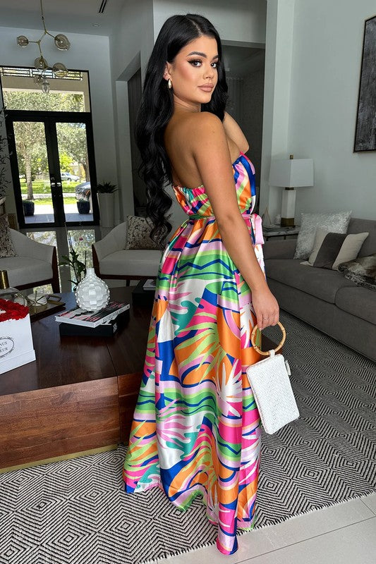 Hollywood Satin Print Belt Maxi Ms Catwalk LLC Hollywood Satin Print Belt Maxi Ms Catwalk LLC