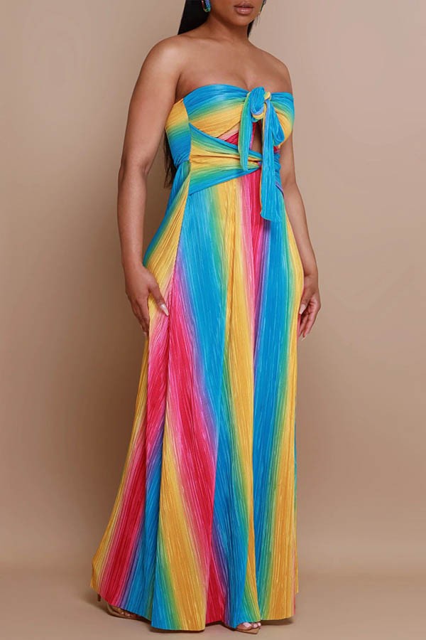 rainbow pleated maxi dress RACHEL GILBERT Candy Color Print Rainbow Tiered Pleated Maxi Dress Gown 2  US XS