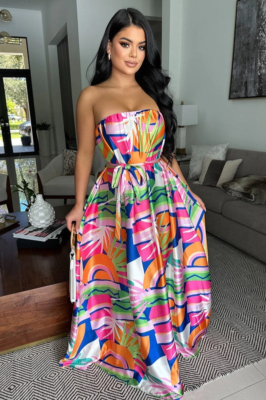 Hollywood Satin Print Belt Maxi