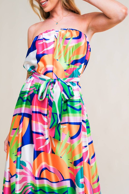 Hollywood Satin Print Belt Maxi