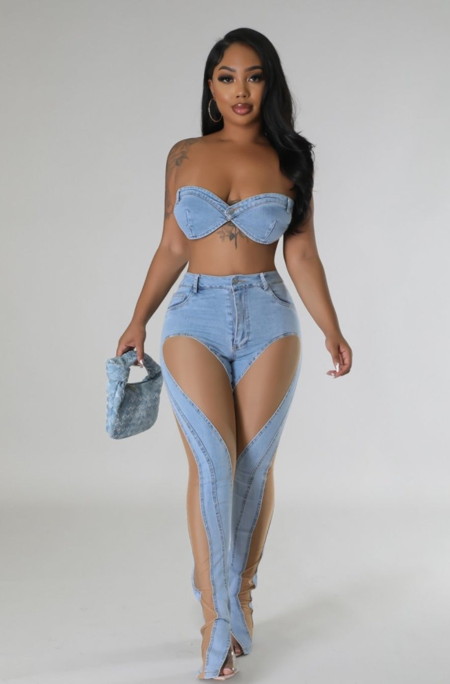 Sheer Panels Denim Pant Set