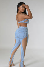 Sheer Panels Denim Pant Set