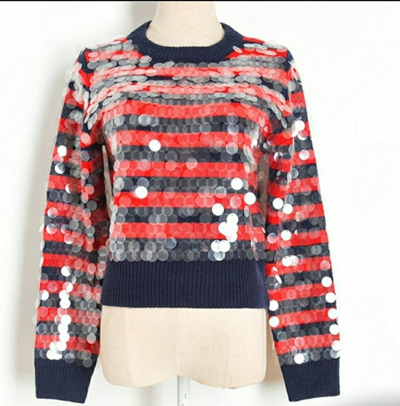 Paillette Striped Crop Sweater