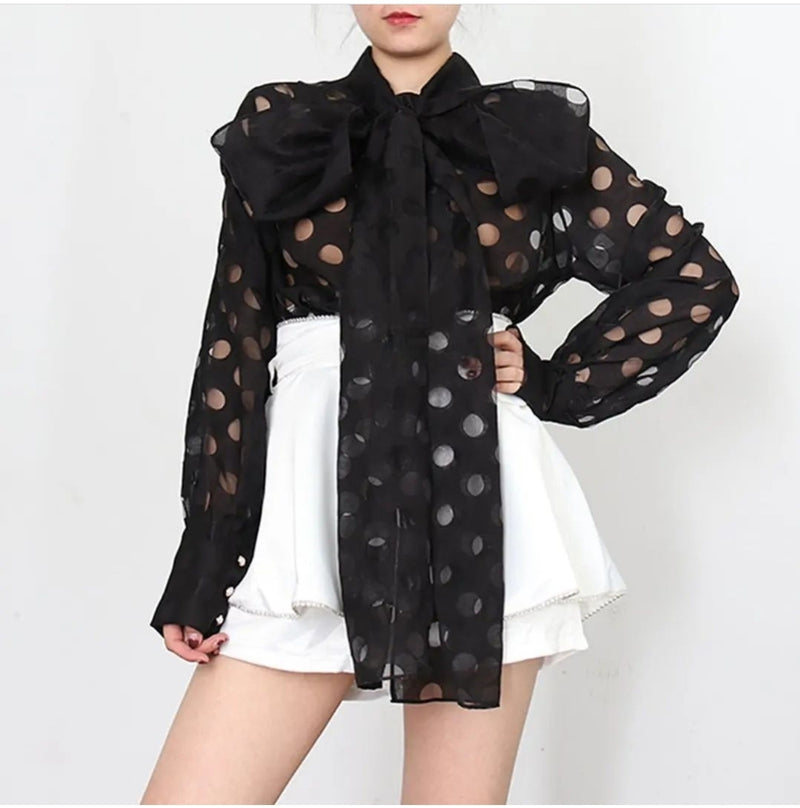 Hole Punch Sheer Bow Blouse