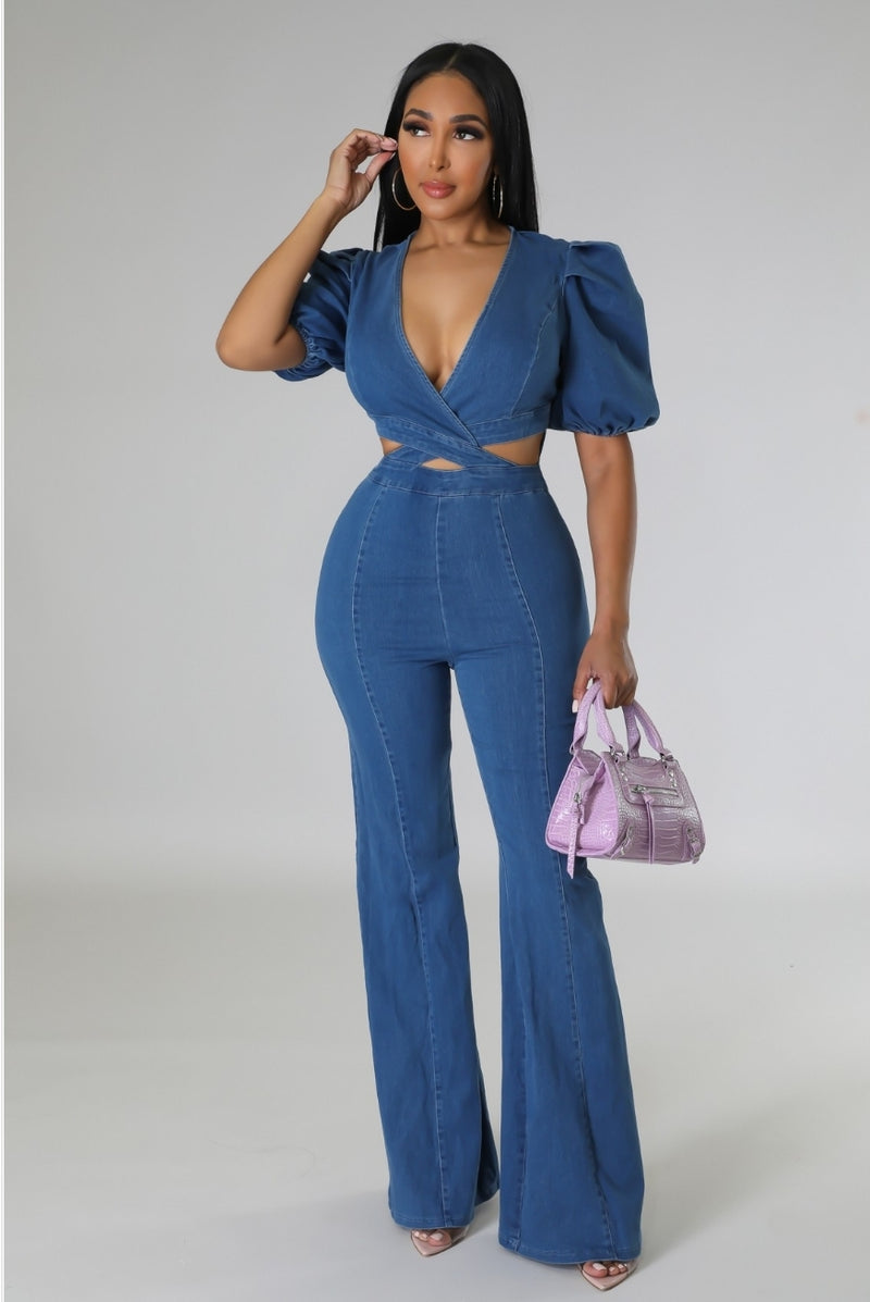 Criss Cross Puff Sleeve Jumpsuit